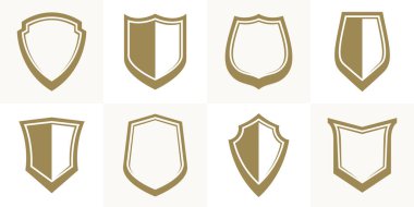 Klasik kalkan koleksiyonu vektör tasarım elementleri, savunma ve güvenlik simgeleri, boş ve boş cephane amblemi koleksiyonu.