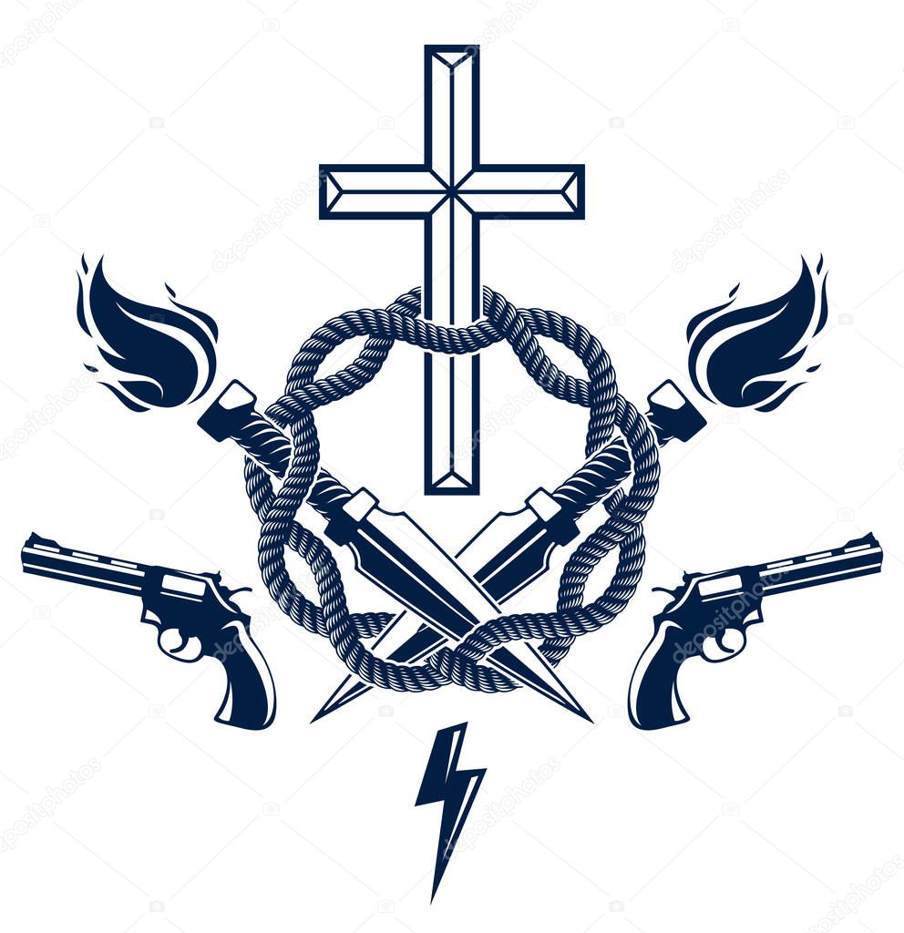 Criminal gangster dramatic emblem or logo with Christian Cross symbolizing death, weapons and different design elements, vector vintage style tattoo, rebel rioter partisan and revolutionary.