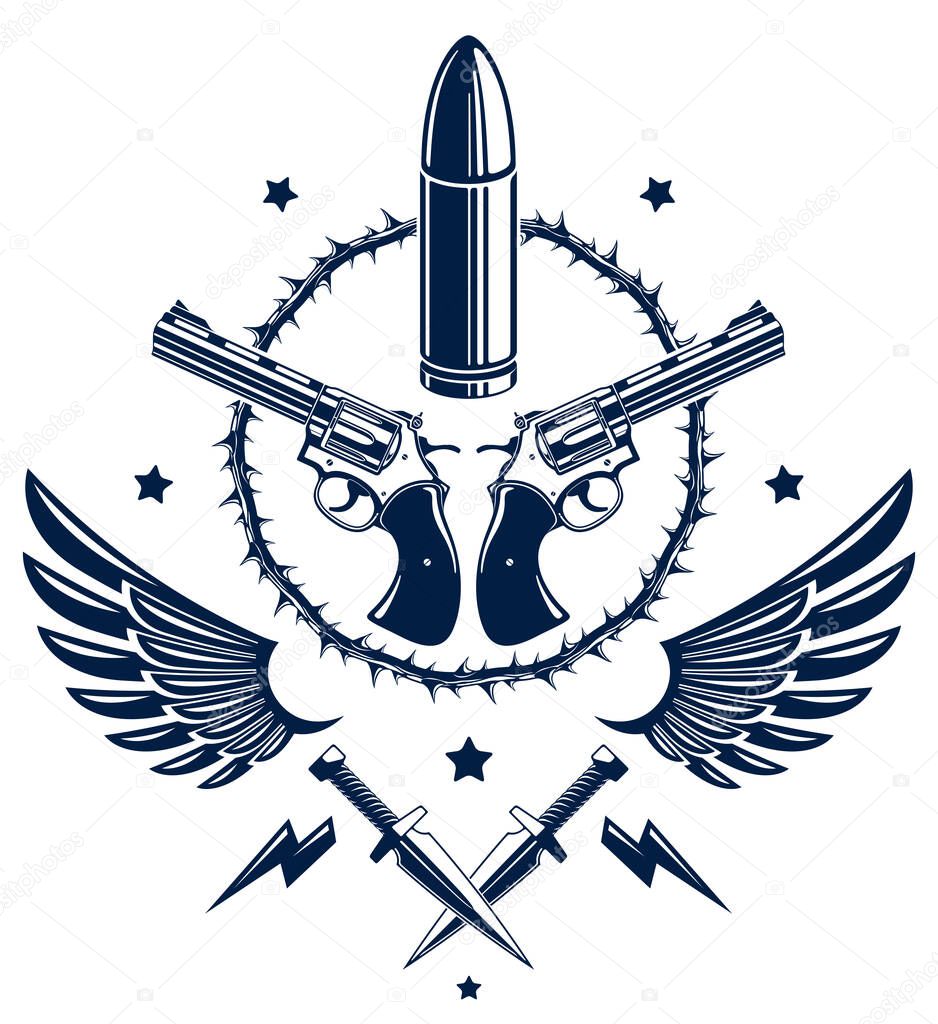 Bullets and guns vector emblem of Revolution and War, logo or tattoo with lots of different design elements, anarchy and chaos concept, criminal and gangster style, social tension theme.