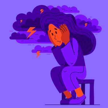 Stresli ve rahatsız hisseden genç bir kadın, zihinsel bozukluk, panik ve endişe yaşayan birinin vektör çizimi, psikolojik sorunlar..