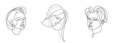 Woman beauty face vector linear illustrations set, delicate line art of attractive girl portraits collection, abstract feminine drawings minimal style isolated.