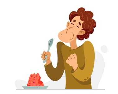 Genç adam lezzetli tatlı yer, vektör çizimi jöleyi sever..