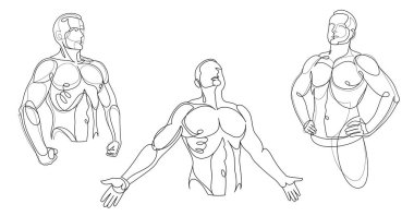 Athletic man torso vector linear illustrations set, male beauty with perfect muscular fit body posing, artistic drawings of fitness model.