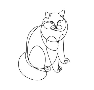 Nice cute cat linear vector illustration, line art drawing of pussycat relaxing, artistic outline minimal sketch of fat and lazy cat.