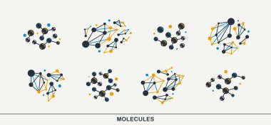 Molekül yapı vektör simgeleri seti, kimya moleküler mikroskobik yapı, bilim ve ilaç teması.