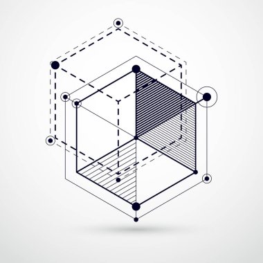 Doğrusal boyutsal küp şekilli özdeş siyah beyaz arkaplan, vektör 3d ağ elementleri. Küpler, altıgenler, kareler, dikdörtgenler ve farklı soyut elementlerin yerleşimi. 