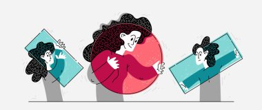 Farklı dünya görüşleri, farklı şekil ve renkte genç insanlar, bir kişinin rahat ve olumlu bir ideolojisi ve görüşü var ve diğerleri rahatsız edici, zihin prizması, vektör....