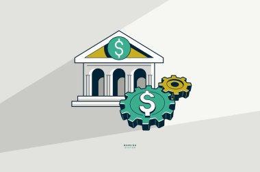 Bankacılık sistemi konsepti posteri, vites vektör ikonu çizimi olan banka binası, ekonomi federal bankası, banka ayarları metaforu olan dişliler..