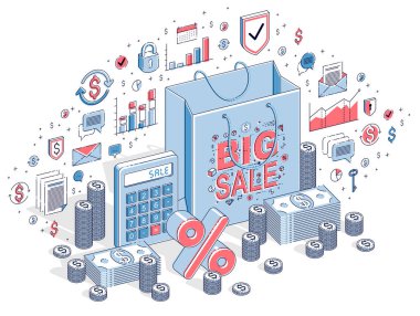 Satış konsepti, perakende satış, büyük indirim, nakit para desteleri ve beyaza izole edilmiş para yığınlarıyla alışveriş torbası. Isometric 3d vektör finans resimlemesi simgeler, istatistikler ve tasarım elemanları ile.