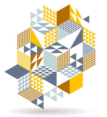 Siyah ve sarı geometrik vektör küpler ve şekillerle soyut arka plan, şehir binalarının şekillerini gösteren izometrik üç boyutlu soyutlama sanatı, op sanat optik illüzyonu gibi görünüyor.