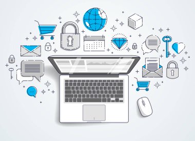 Laptop ile istatistik infographics ve dizi simgeleri, online iş, Internet elektronik mali, vektör tasarımı.