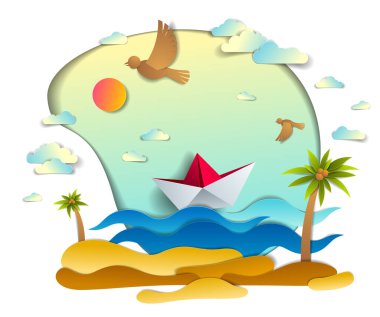 Kağıt gemi deniz dalgaları ile güzel bir plaj ve avuç içi, origami katlanmış oyuncak kuş ve bulutlar gökyüzünde güzel doğal deniz manzarası ile okyanusta yüzen tekne Yüzme, vektör.