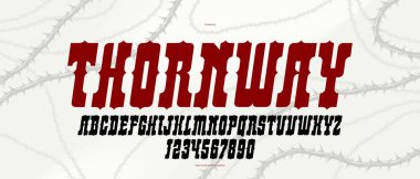 Amblemler ve logolar için dikenli korku gotik kaya yazı tipi, başlıklar ve başlıklar için tehlikeli kara diken yazı tipi, dikenli kalın serif tipografi harfleri, italik versiyonu.