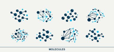 Molekül yapı vektör simgeleri seti, kimya moleküler mikroskobik yapı, bilim ve ilaç teması.