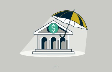 Banka inşa vektörü kavramsal posteri, güvenli bankacılık konsepti, e-bankası olan basit bir şemsiye tasviri, finansal koruma metaforu.