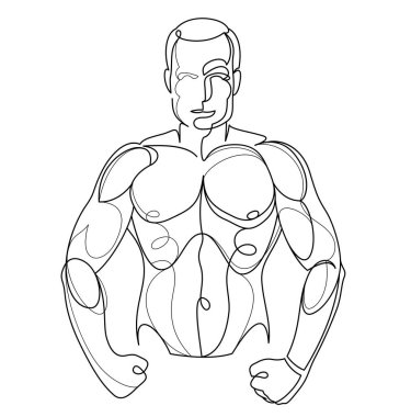 Linear drawing of a perfect body fit model man posing vector illustration isolated, muscular macho sexy guy with naked torso topless.