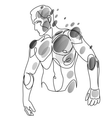 Linear drawing of a perfect body fit model man posing vector illustration isolated, muscular macho sexy guy with naked torso topless.