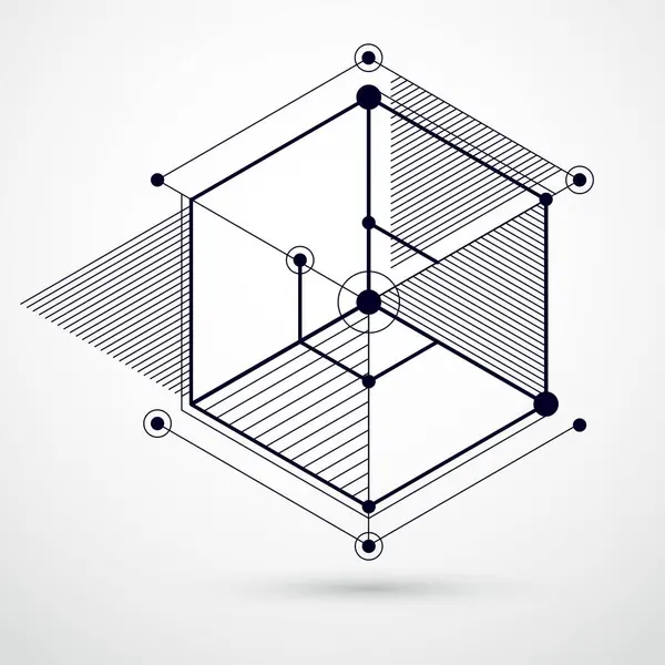 Teknolojik siyah beyaz vektör 3D duvar kağıdı. Küp ve çizgilerden yapılmış. Mühendislik sisteminin tasviri, soyut teknolojik zemin. Soyut teknik arkaplan.