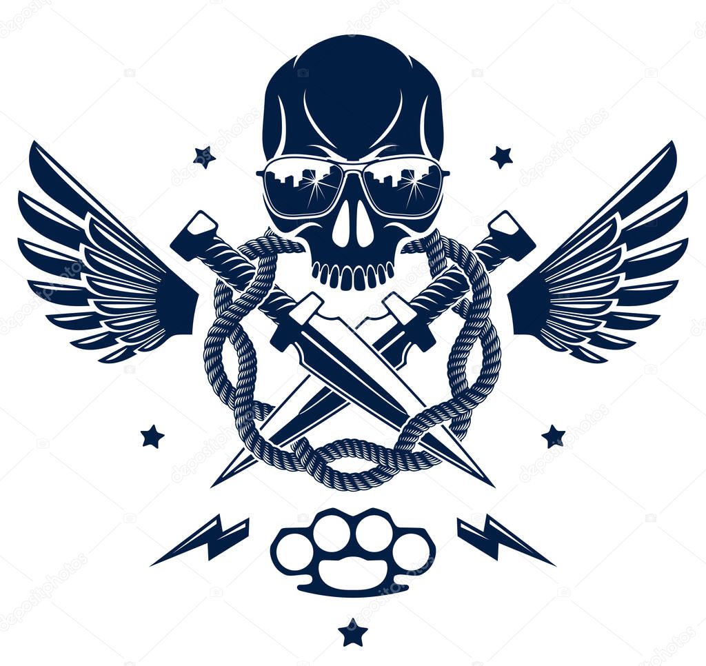 Anarchy and Chaos aggressive emblem or logo with wicked skull, weapons and different design elements , vector vintage scull tattoo, rebel gangster criminal and revolutionary.