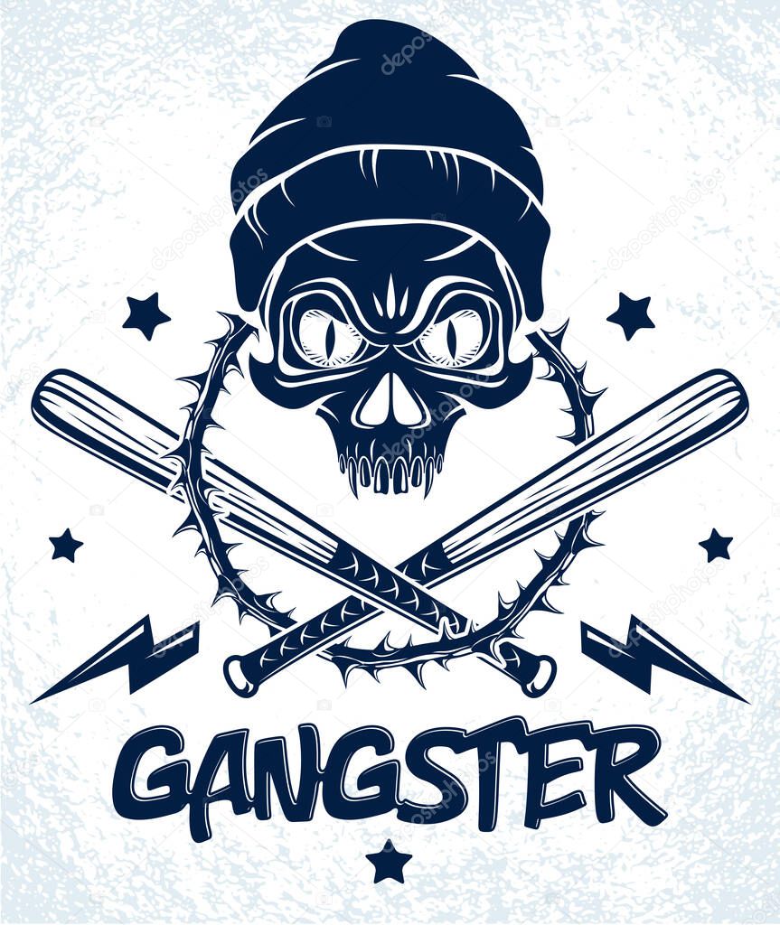 Gang brutal criminal emblem or logo with aggressive skull baseball bats and other weapons and design elements, vector anarchy crime terror retro style, ghetto revolutionary.