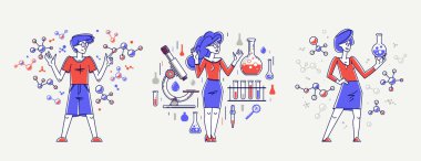 Bilim teorisini keşfeden ve deney vektörü çizimi çizen bilim adamları, kuramsal bilim araştırmaları veya icatları, eğitim öğrenme üniversitesi.