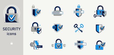 Güvenlik ve güvenlik vektörü ayrıntılı simgeler seti, kilit ve parola, virüs riski siber güvenlik, hesap gizlilik koruması.