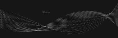Koyu gri hava parçacıkları akış vektör tasarımı, dalgalı noktalar dizisi ile soyut arkaplan, dijital fütüristik çizim, nano teknoloji teması.