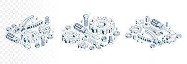 Otomobil servisi konsepti, 3 boyutlu izometrik izometrik projeksiyon vektör çizimi, otomobil tamir garajı atölyesi, arızayı düzelt.