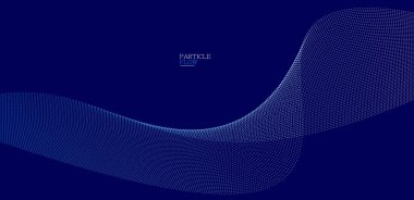 Koyu mavi soyut arkaplan, akışkan parçacıkların vektör dalgası, hareket halindeki kıvrımlı noktalar, teknoloji ve bilim teması, havadar ve fütüristik illüstrasyon.