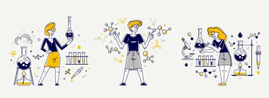 Bilim teorisini keşfeden ve deney vektörü çizimi çizen bilim adamları, kuramsal bilim araştırmaları veya icatları, eğitim öğrenme üniversitesi.