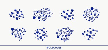 Molekül vektör simgeleri seti, kimya bilimi moleküler mikroskobik yapılar, laboratuvar deneyleri ve eğitim.