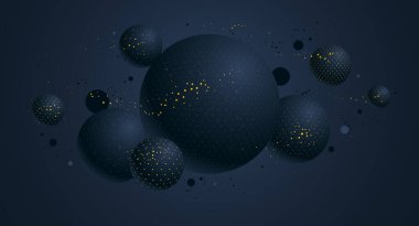 Soyut siyah ve sarı noktalı küreler vektör arkaplan, noktalarla süslenmiş uçan topların bileşimi, 3D karışık küreler