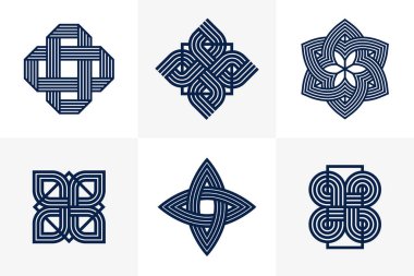 Logo oluşturma için grafik tasarım ögeleri, iç içe geçmiş çizgiler vintage biçim simgeleri koleksiyonu, soyut geometrik doğrusal semboller vektör kümesi.