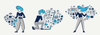 Computer engineer in work vector outline illustration, programmer and system administrator doing his job with some operating system, 