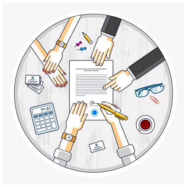 İşadamı sözleşmeli kağıt belgesini imzalar veya banka müşterisi finansal kredi formuna bir işaret yazar ve çalışanlar ona yardım eder ve kredi şartlarını, insanların ellerinin üst görünümünü açıklar. Vektör.