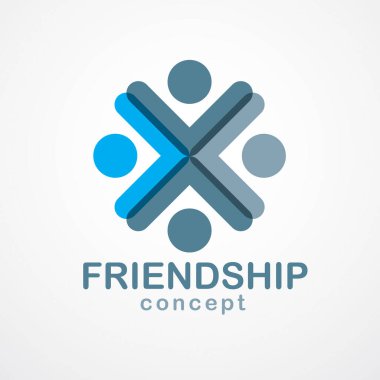 Takım çalışması ve arkadaşlık kavramı basit geometrik elementlerle yaratıldı. Vektör simgesi ya da logo. Birlik ve işbirliği fikri, iş adamlarından oluşan rüya takımı mavi tasarım.