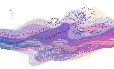 Soyut oryantal Japon sanat vektörü arka planı, geleneksel tarz tasarımı, dalgalı şekiller ve dağlık arazi, deniz hatları gibi akışkan..
