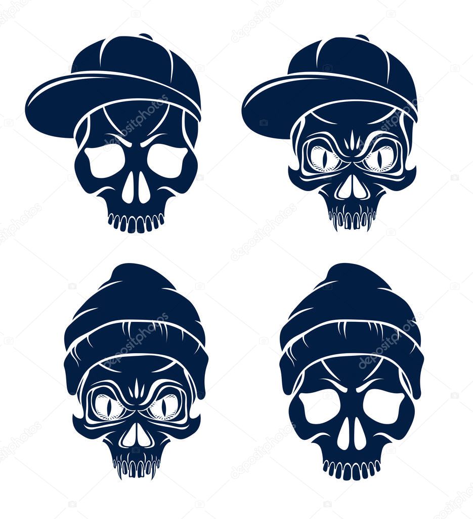 Gangster skull vector logos set, icons or tattoos, urban stylish aggressive criminal scull.