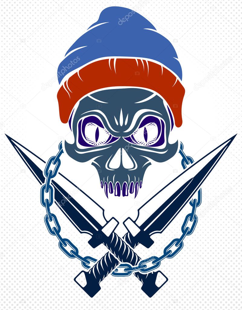 Anarchy and Chaos aggressive emblem or logo with wicked skull, vector vintage scull tattoo, rebel gangster criminal and revolutionary.