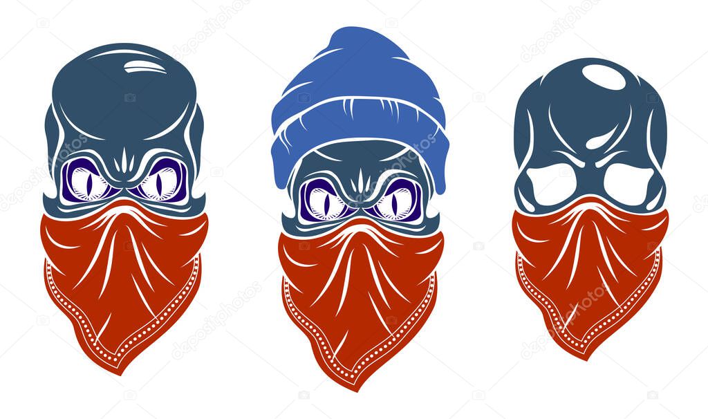 Urban stylish skull vector logos or icons set, aggressive criminal scull tattoo, gangster style.