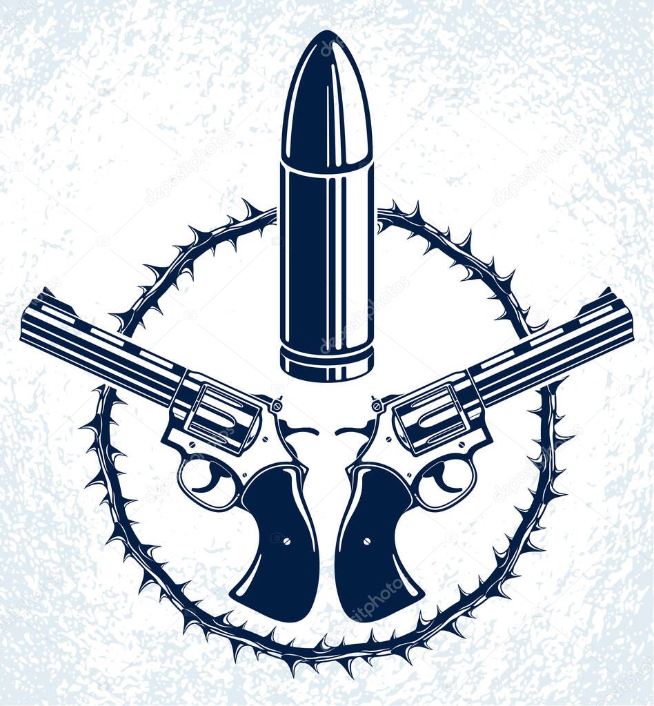 Revolution and War vector emblem with bullets and guns, logo or tattoo, riot partisan warrior, criminal and anarchist style, social tension theme.