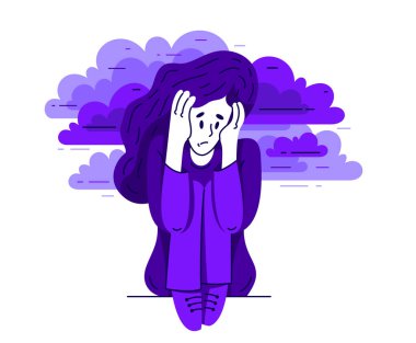 Stresli ve rahatsız hisseden genç bir kadın, zihinsel bozukluk, panik ve endişe yaşayan birinin vektör çizimi, psikolojik sorunlar..