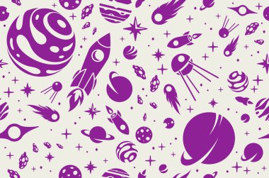 Kusursuz arka plan araştırması, gezegenler ve yıldızlar arasında uçan vektör karikatür roketleri sonsuz duvar kâğıdı, çocuklar için astronomi okulu eğitimi.