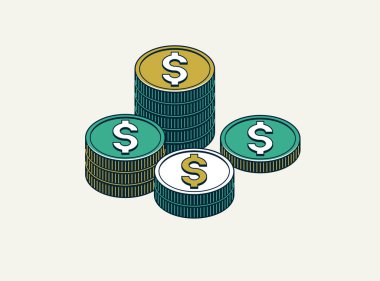 Bozuk para yığını vektörü, bozuk para yığını 3d izometrik, tasarruf hazineleri ve zenginlik teması, bütçe, döviz veya ikramiye konsepti.