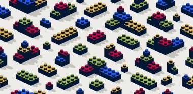 Oyuncak yapıcı kusursuz desen, izometrik vektör oyuncakları duvar kağıdı tuğlaları, çocuk oyunu retro renkli bloklar sonsuz desen.