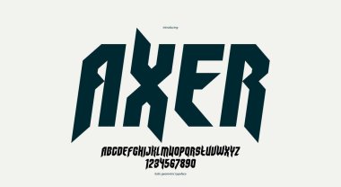 Manşetler için keskin ve cesur gotik yazı tipi, kenarlı geometrik modern vektör italik yazı tipi, heavy metal ve hard rock tarzı alfabe numaraları.