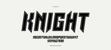 Manşetler için keskin ve cesur gotik yazı tipi, kenarlı geometrik modern vektör yazı tipi, heavy metal ve hard rock tarzı alfabe numaraları, italik versiyonu.