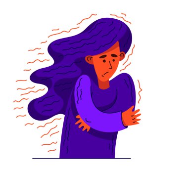 Psikolojik stres ya da kaygı sorunu olan genç bir kadın. Stresli bir kızın akli dengesi bozuk ya da yorgun olduğunu gösteren vektör çizimi..