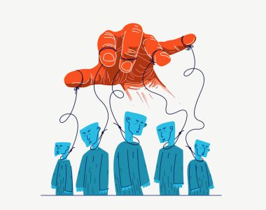 Zehirli bir manipülatörün eli kurbanlarını kontrol eder, sosyal zombiler konsepti, sosyal manipülasyonlar diktatörlük ve kontrol, kültürel kod, psikolojik manipülasyonun vektör çizimi.