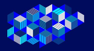 Küpler ve farklı ritmik şekillere sahip koyu mavi vektör soyut arkaplan, şehir binalarını gösteren izometrik üç boyutlu soyutlama sanatı, op sanatına benziyor..